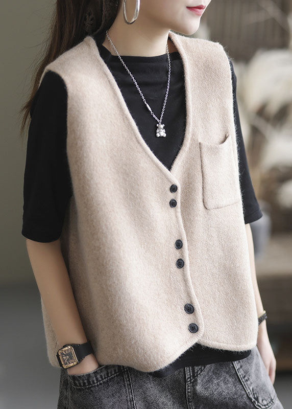 Simple Apricot V Neck Pockets Solid Knit Vest Tops Sleeveless