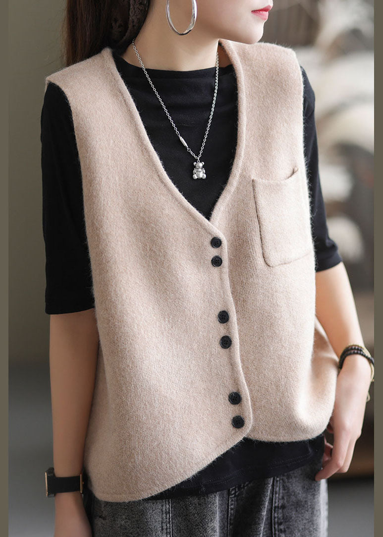 Simple Apricot V Neck Pockets Solid Knit Vest Tops Sleeveless