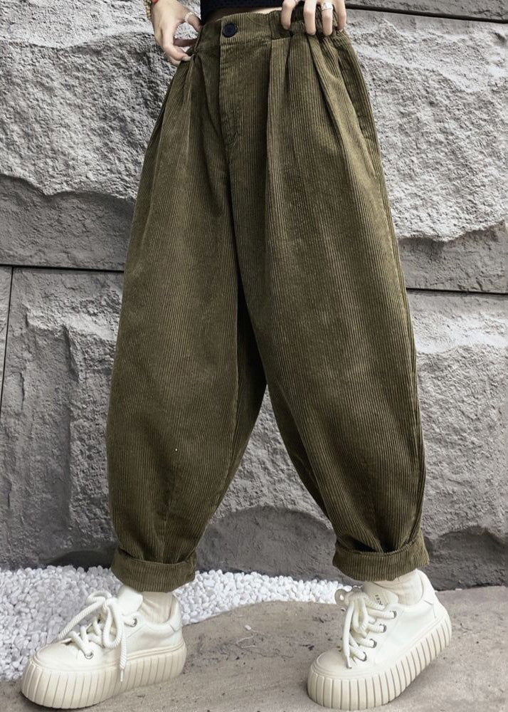 Simple Army Green Pockets High Waist Corduroy Crop Pants
