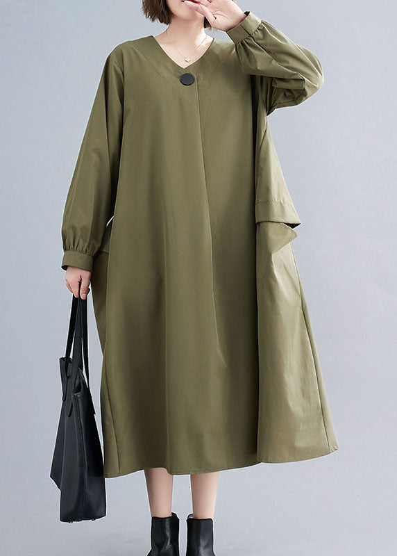 Simple Army Green V Neck Patchwork Cotton Dresses Spring