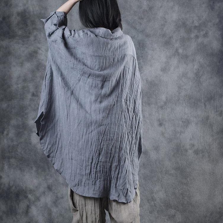 Simple Batwing Sleeve linen blouses for women Photography gray low high design tops fall - Omychic