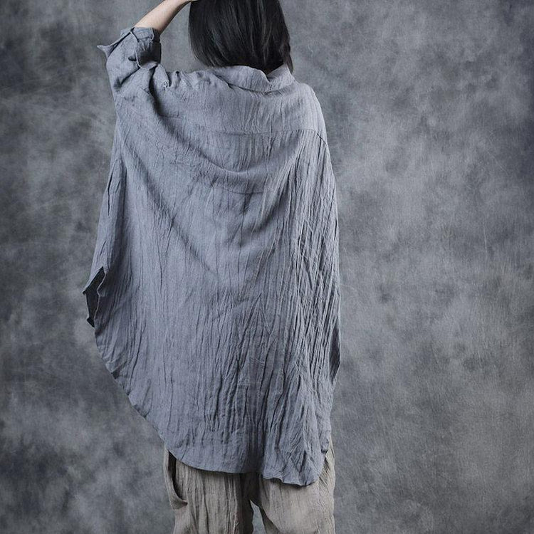 Simple Batwing Sleeve linen blouses for women Photography gray low high design tops fall - Omychic
