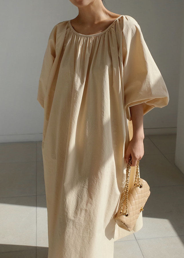 Simple Beige Cotton Pockets Casual Holiday Dress Spring