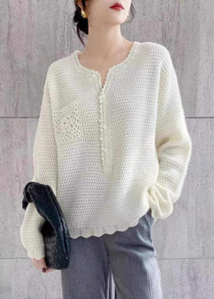 Simple Beige O Neck Hollow Out Button Patchwork Knit Top Fall