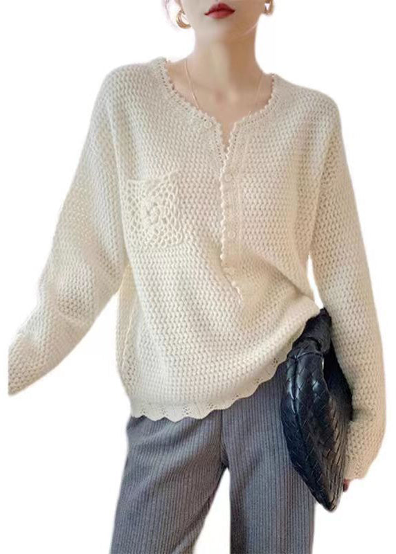 Simple Beige O Neck Hollow Out Button Patchwork Knit Top Fall