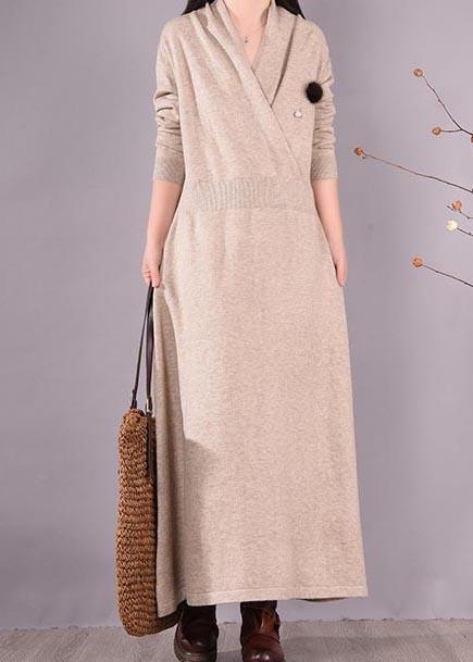 Simple Beige Quilting Clothes V Neck Asymmetric Spring Dress - Omychic