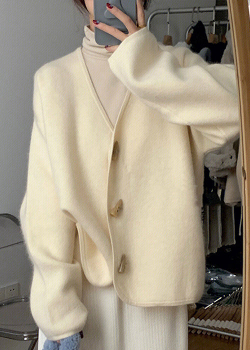 Simple Beige V Neck Button Patchwork Knitting Cotton Coats Fall