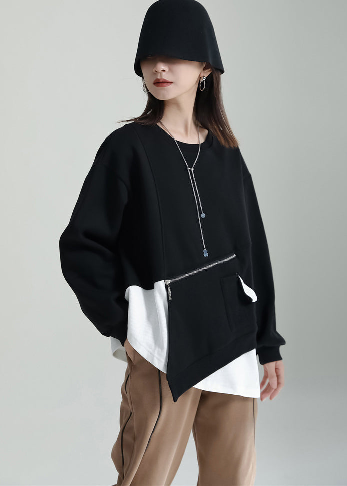 Simple Black Asymmetrical Zippered Patchwork Warm Fleece Top Winter