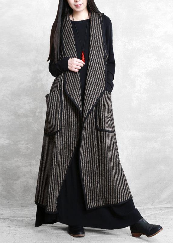 Simple Black Chocolate Striped Pockets Peter Pan Collar Fall Waistcoat Long - Omychic