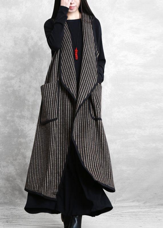 Simple Black Chocolate Striped Pockets Peter Pan Collar Fall Waistcoat Long - Omychic