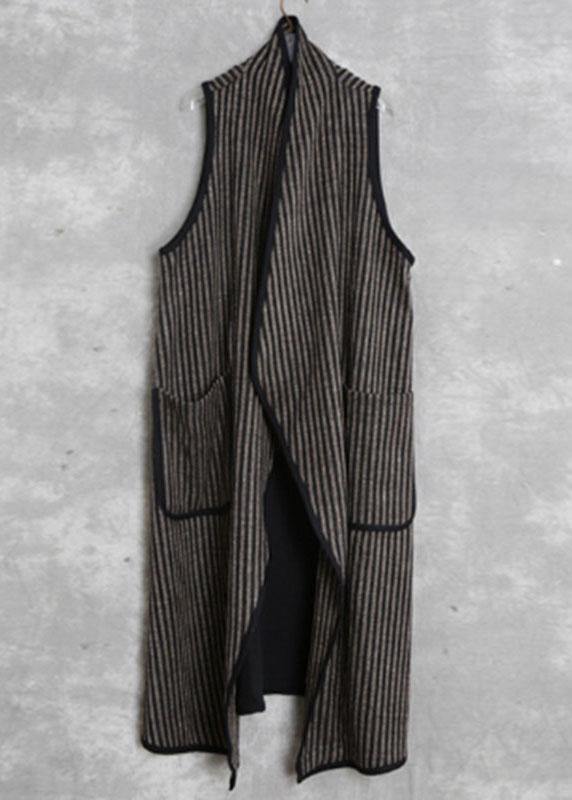 Simple Black Chocolate Striped Pockets Peter Pan Collar Fall Waistcoat Long - Omychic