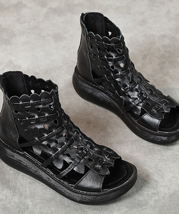 Simple Black Cowhide Leather Sandals Cross Strap Splicing Sandals