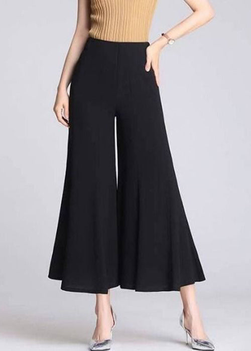 Simple Black Elastic Waist Cotton Flare Bottoms Summer