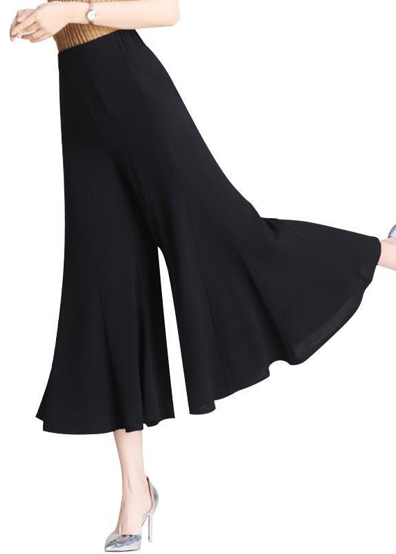 Simple Black Elastic Waist Cotton Flare Bottoms Summer