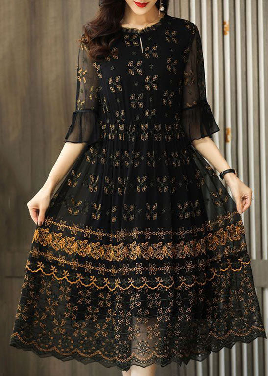 Simple Black Embroideried Patchwork Tulle Maxi Dresses Summer