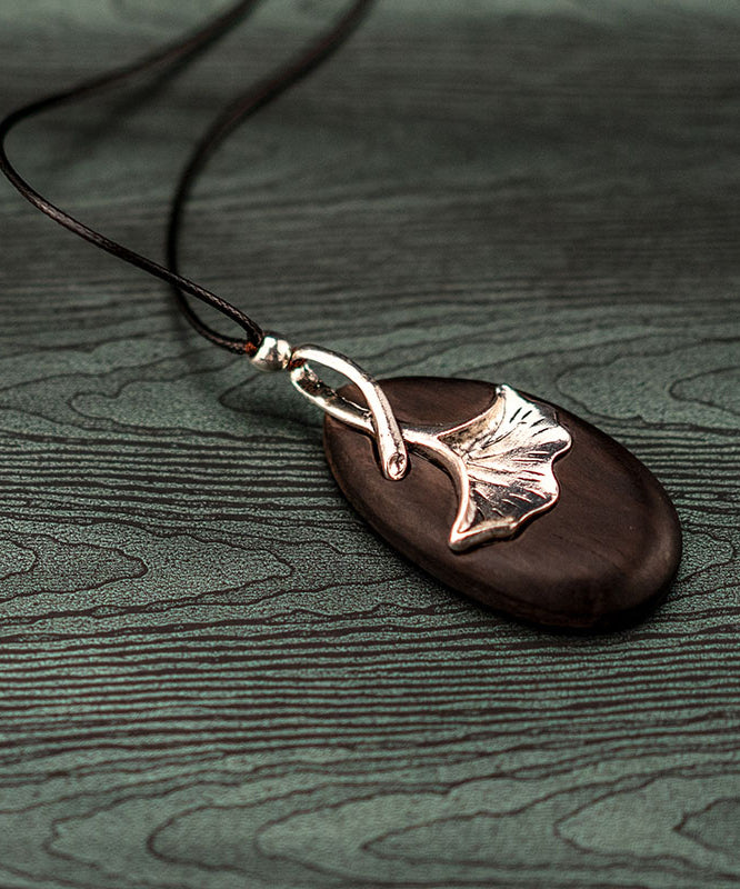 Simple Black Faux Leather Ebony Ginkgo Leaf Pendant Necklace