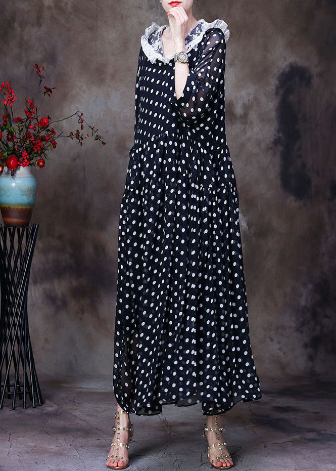 Simple Black Hooded Patchwork Lace Dot Print Silk Long Dress Two Piece Set Women Clothing Summer