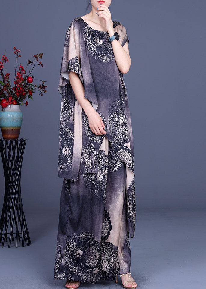 Simple Black Khaki Print Silk Asymmetrical design Wide Leg Two Pieces Set - Omychic