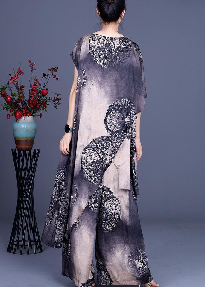 Simple Black Khaki Print Silk Asymmetrical design Wide Leg Two Pieces Set - Omychic