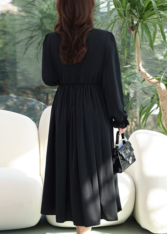 Simple Black Lace Up Wrinkled Patchwork Chiffon Dress Flare Sleeve