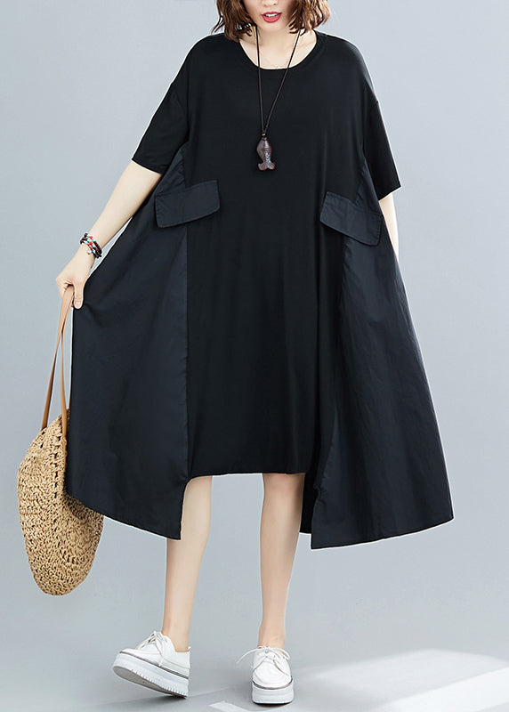 Simple Black O-Neck Asymmetrical Patchwork Dresses Short Sleeve