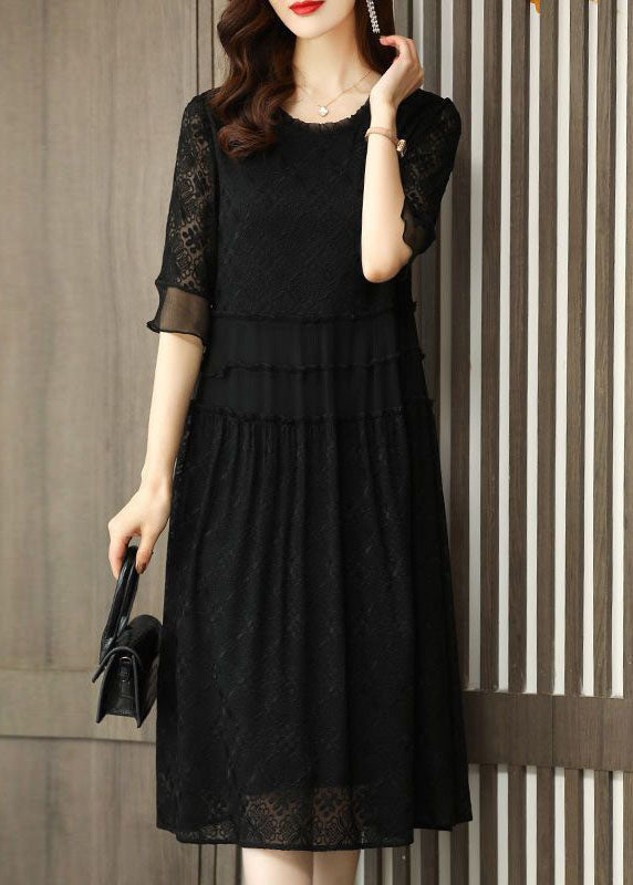 Simple Black O Neck Embroideried Patchwork Chiffon Dresses Half Sleeve