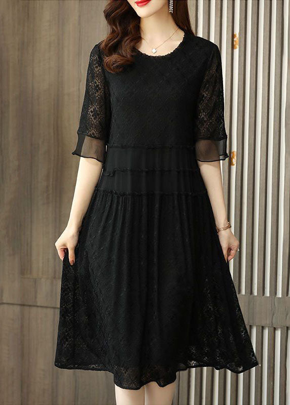 Simple Black O Neck Embroideried Patchwork Chiffon Dresses Half Sleeve