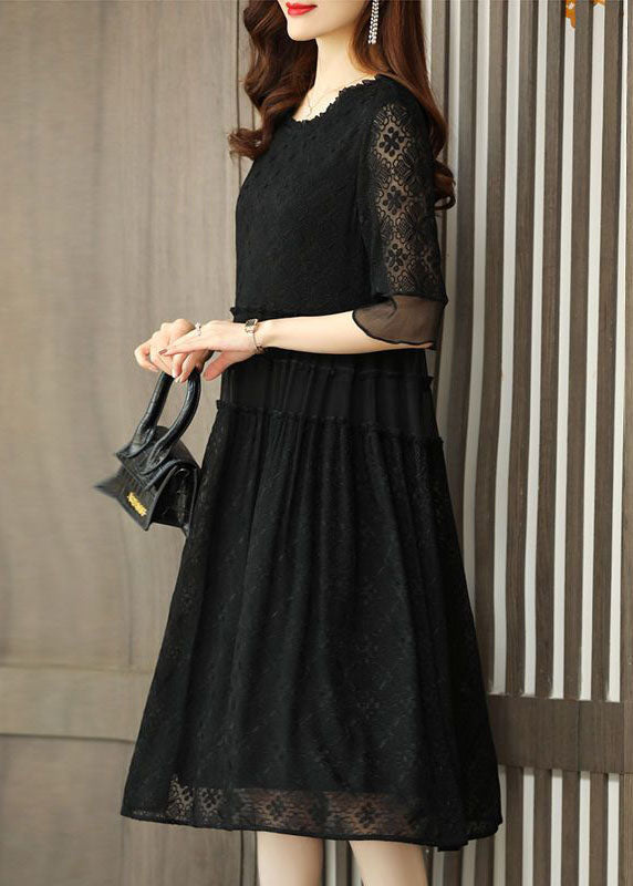 Simple Black O Neck Embroideried Patchwork Chiffon Dresses Half Sleeve