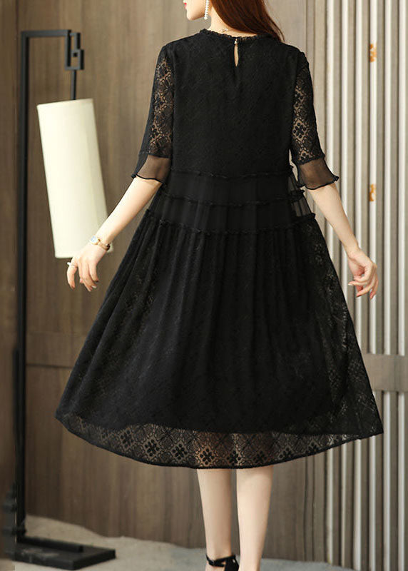 Simple Black O Neck Embroideried Patchwork Chiffon Dresses Half Sleeve