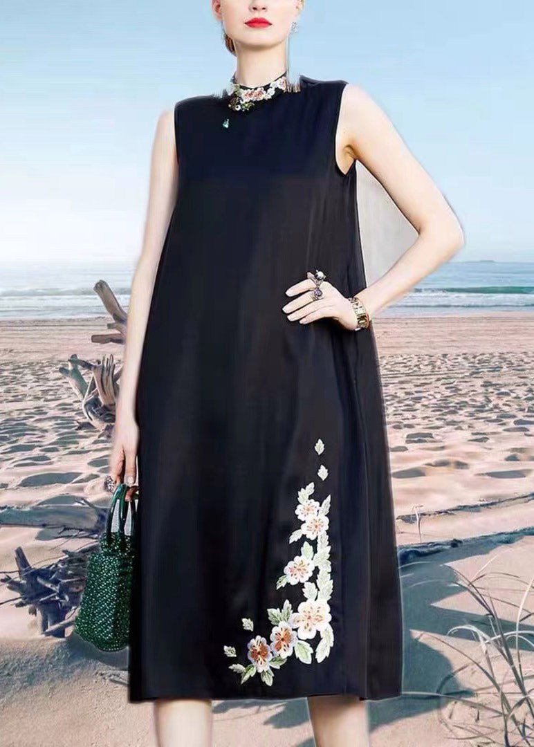 Simple Black O-Neck Embroideried Silk Long Dress Summer