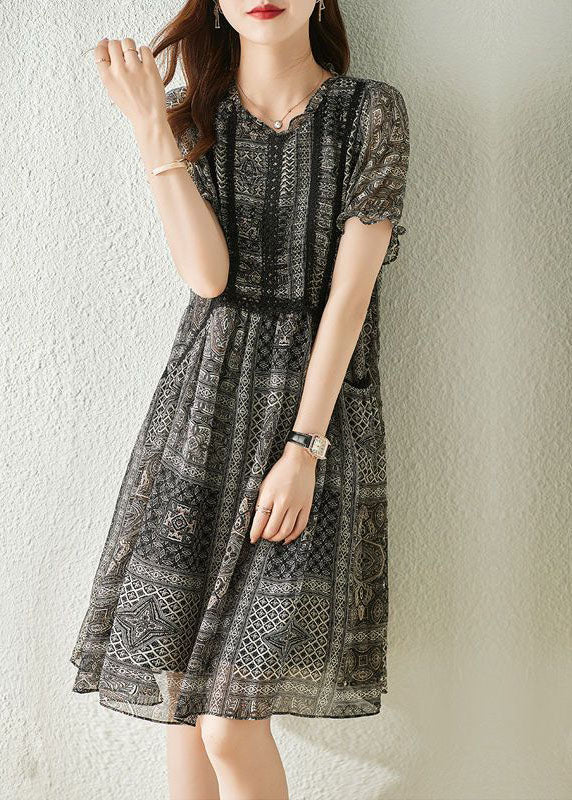 Simple Black O Neck Lace Patchwork Print Chiffon Dresses Summer