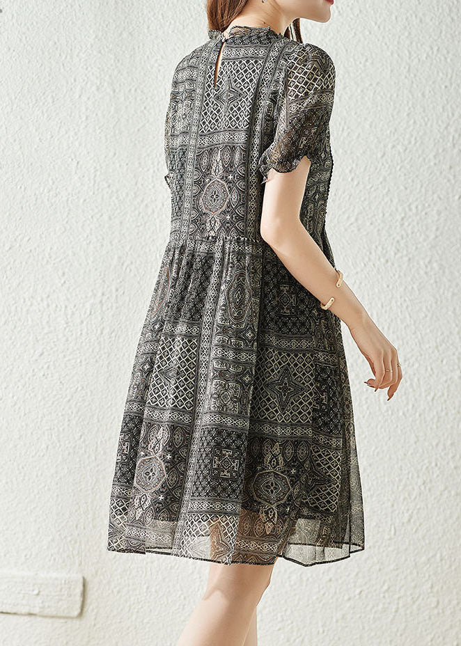 Simple Black O Neck Lace Patchwork Print Chiffon Dresses Summer