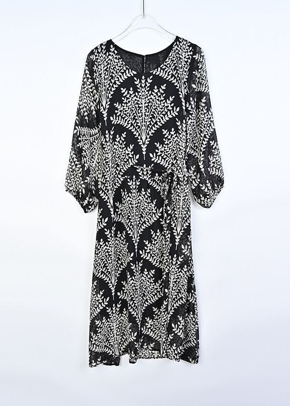 Simple Black O-Neck Print Chiffon A Line Dresses Long Sleeve