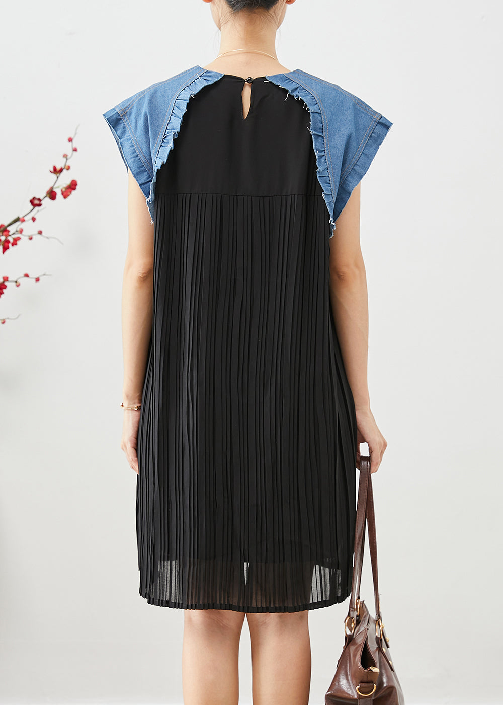 Simple Black Oversized Patchwork Pleated Dresses Summer