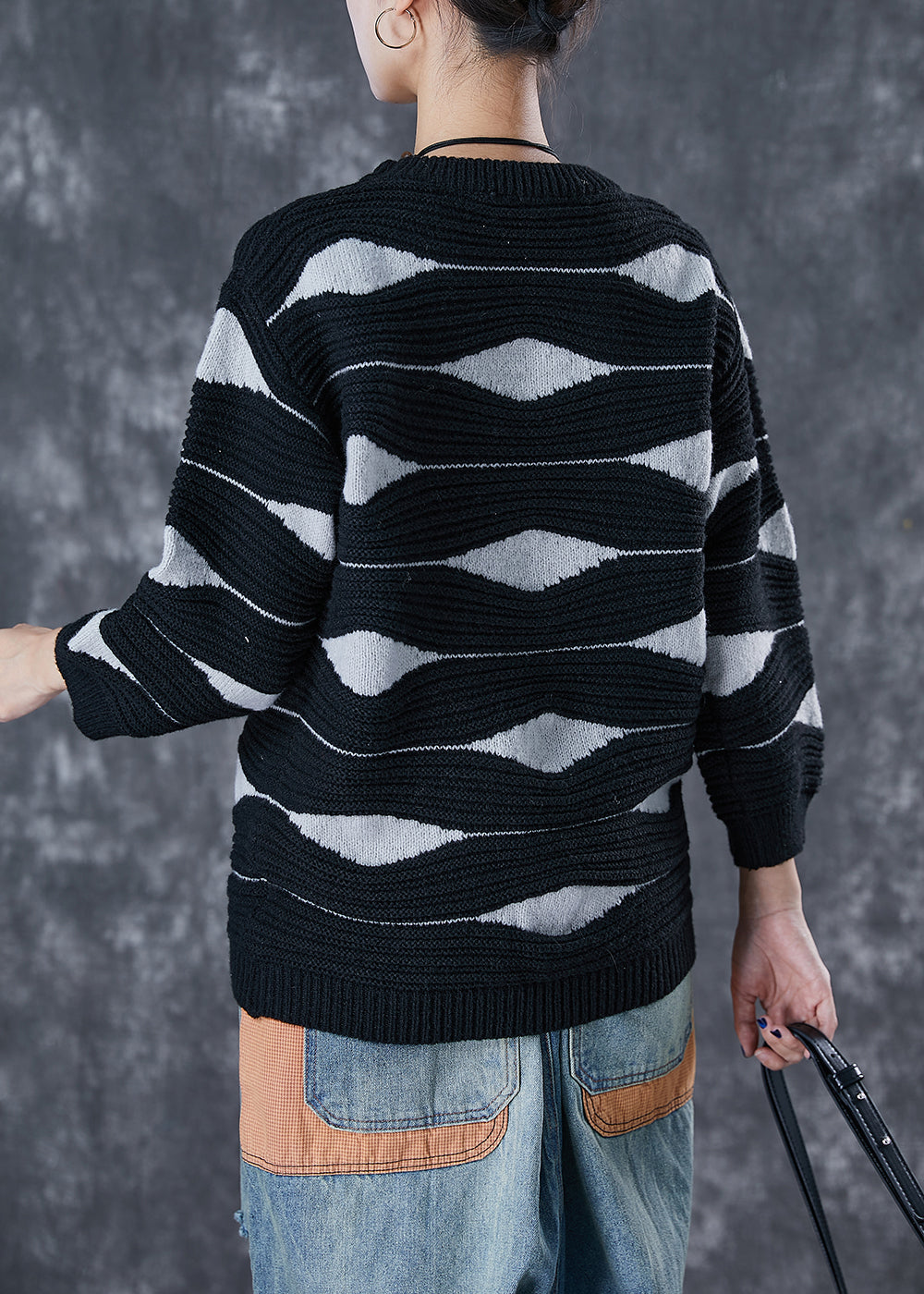 Simple Black Oversized Print Knit Sweaters Winter