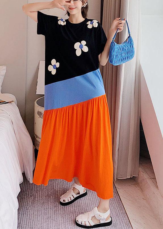 Simple Black Patchwork Print Summer Casual Holiday Dress Short Sleeve - Omychic