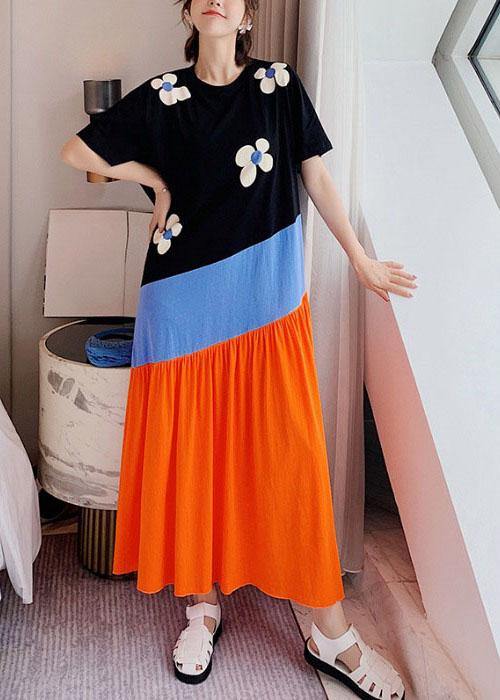 Simple Black Patchwork Print Summer Casual Holiday Dress Short Sleeve - Omychic