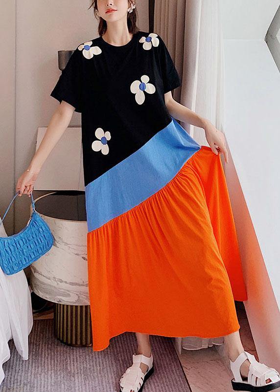 Simple Black Patchwork Print Summer Casual Holiday Dress Short Sleeve - Omychic