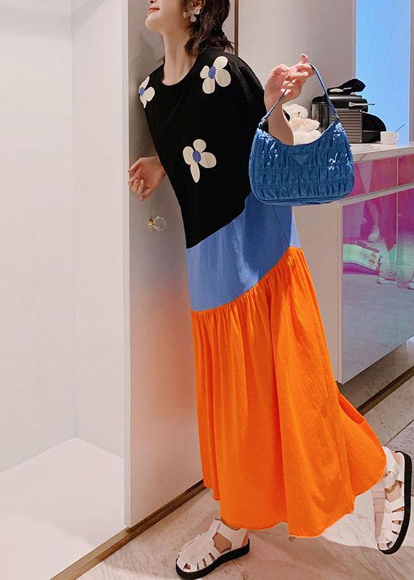 Simple Black Patchwork Print Summer Casual Holiday Dress Short Sleeve - Omychic