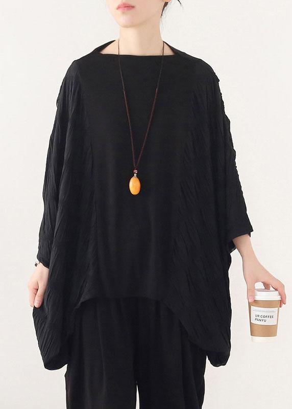 Simple Black Patchwork Wrinkled Batwing Sleeve Fall Shirt Tops - Omychic