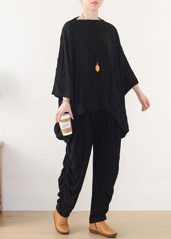 Simple Black Patchwork Wrinkled Batwing Sleeve Fall Shirt Tops - Omychic