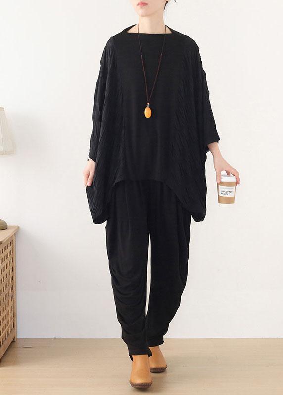 Simple Black Patchwork Wrinkled Batwing Sleeve Fall Shirt Tops - Omychic