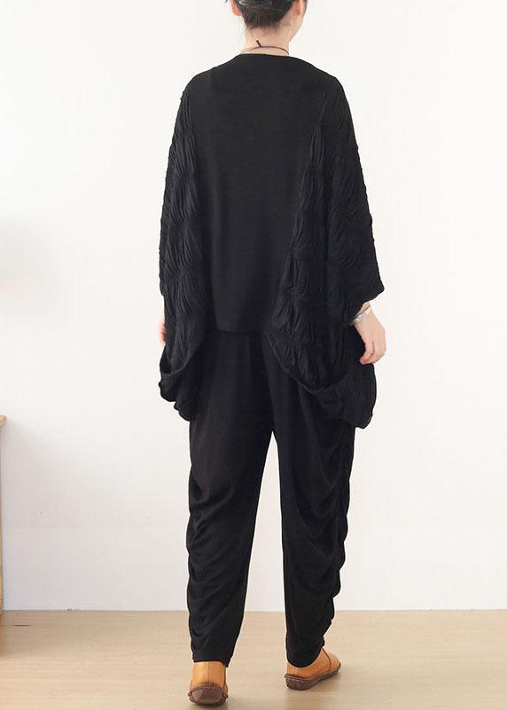 Simple Black Patchwork Wrinkled Batwing Sleeve Fall Shirt Tops - Omychic