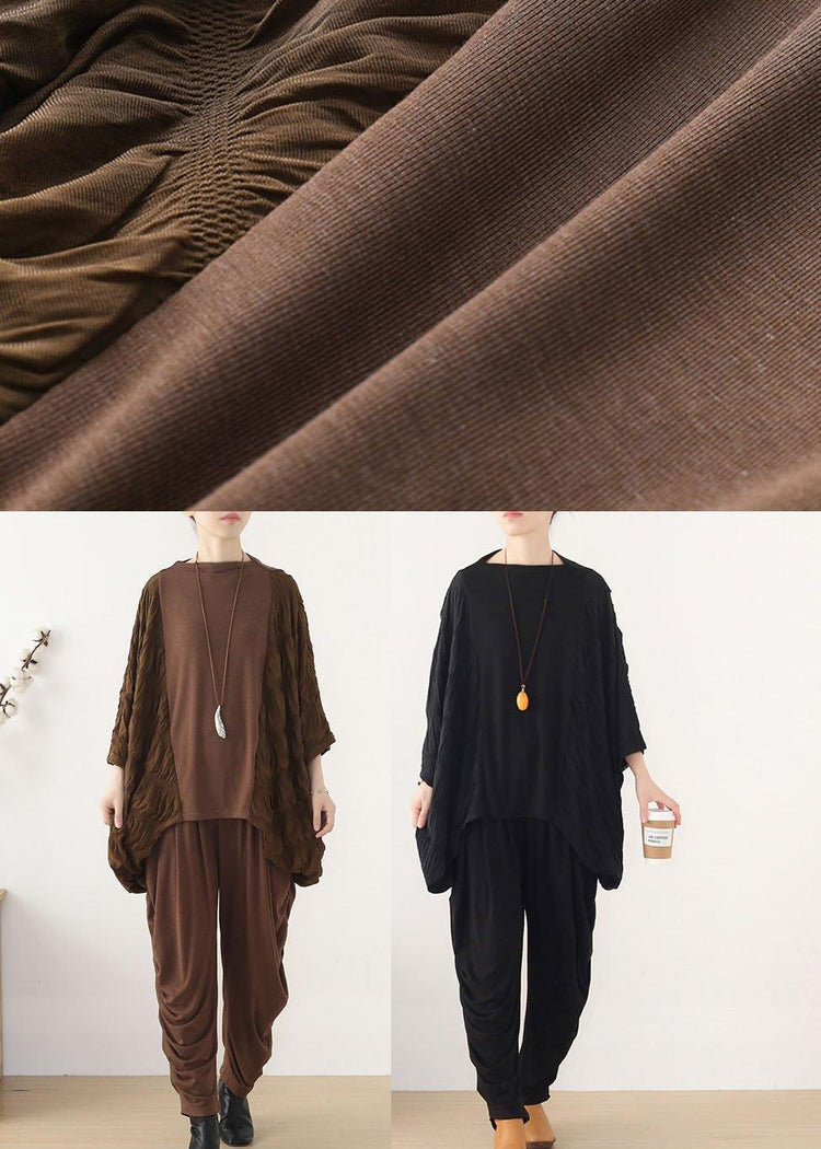 Simple Black Patchwork Wrinkled Batwing Sleeve Fall Shirt Tops - Omychic