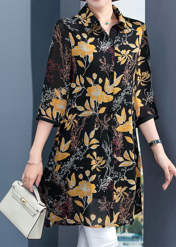 Simple Black Peter Pan Collar Yellow Print Silk Long Shirt Half Sleeve