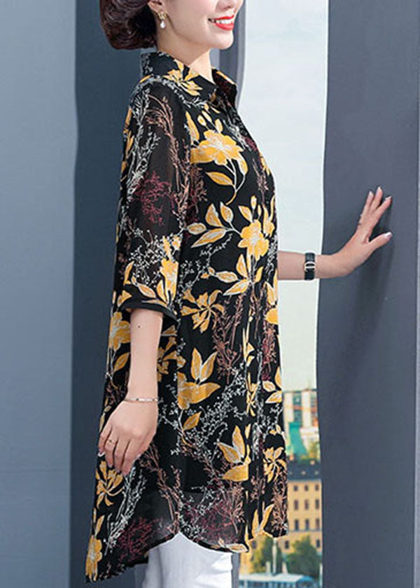 Simple Black Peter Pan Collar Yellow Print Silk Long Shirt Half Sleeve