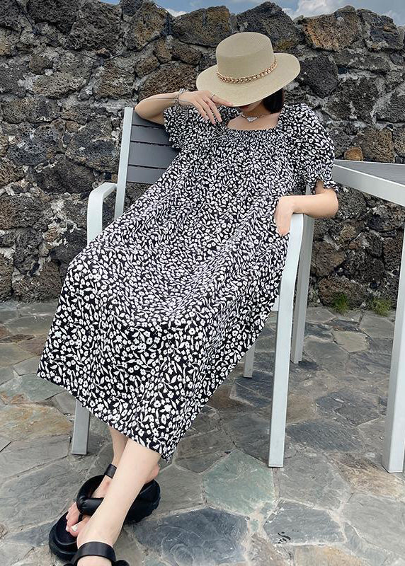 Simple Black Square Collar Print Cotton Vacation Dresses Puff Sleeve