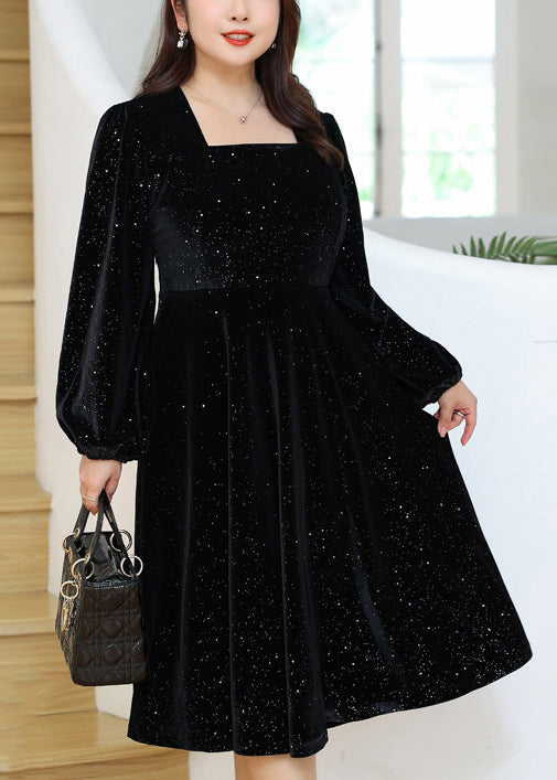 Simple Black Square Collar Sequins Velour Dresses Fall