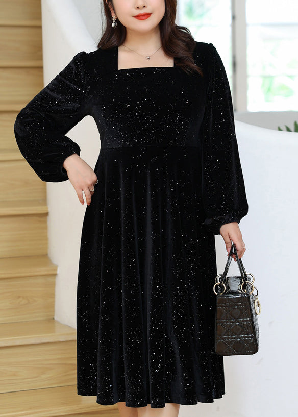 Simple Black Square Collar Sequins Velour Dresses Fall