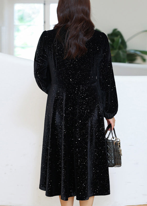 Simple Black Square Collar Sequins Velour Dresses Fall